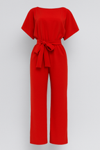 Wide-Leg Jumpsuit with Waist Belt and Draped Sleeves