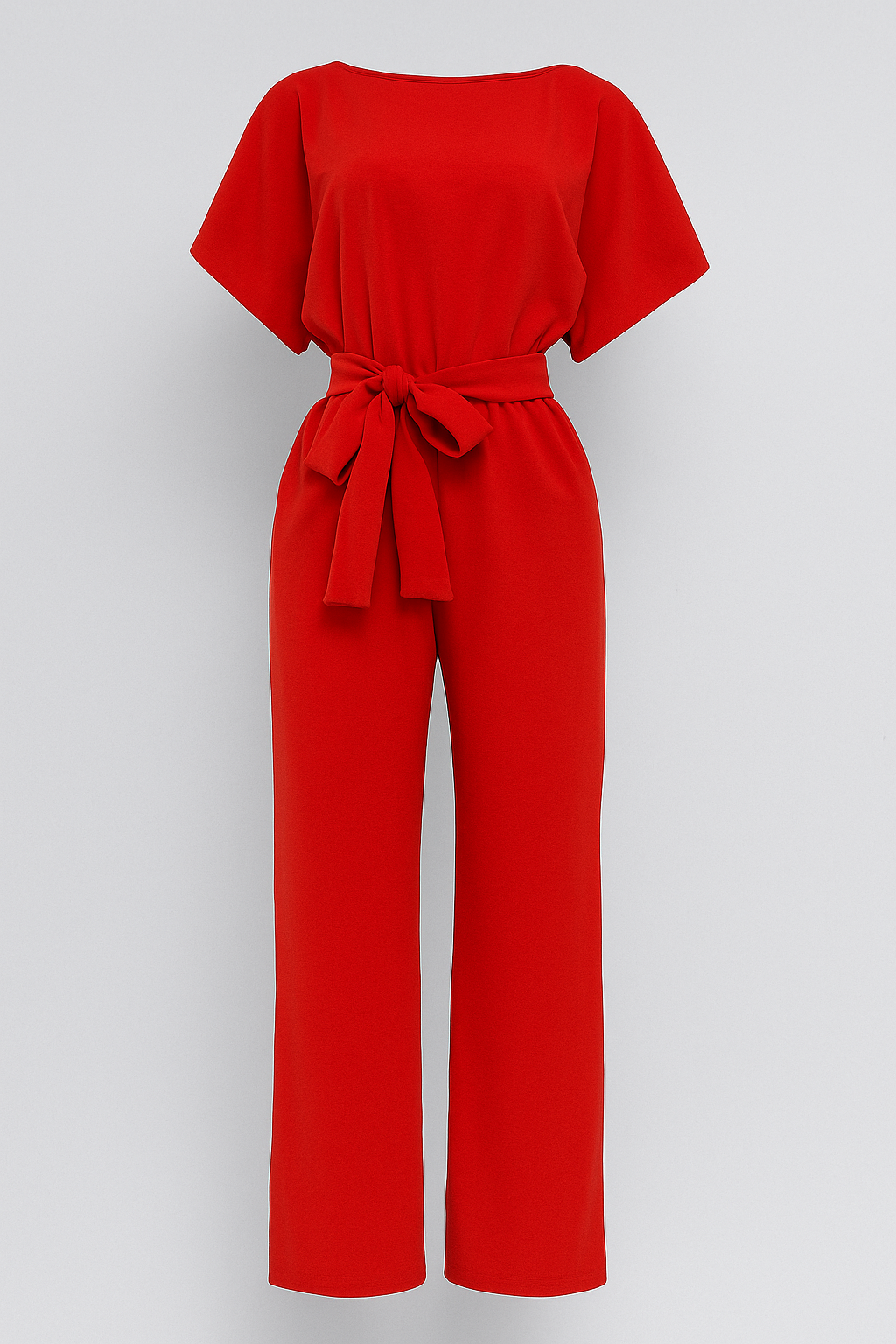 Wide-Leg Jumpsuit with Waist Belt and Draped Sleeves