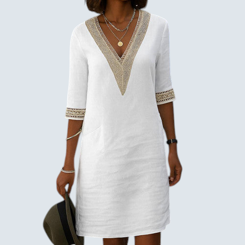 Half-Sleeve V-Neck Dress in a Lightweight Breathable Fabric