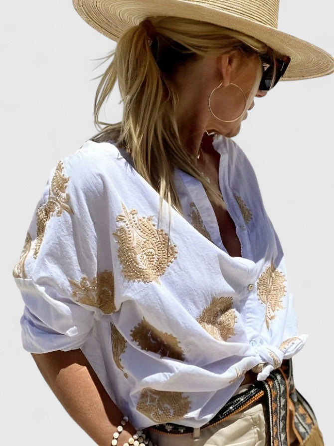 Embroidered Blouse with Roll Up Sleeves and Button Front