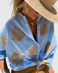 Embroidered Blouse with Roll Up Sleeves and Button Front