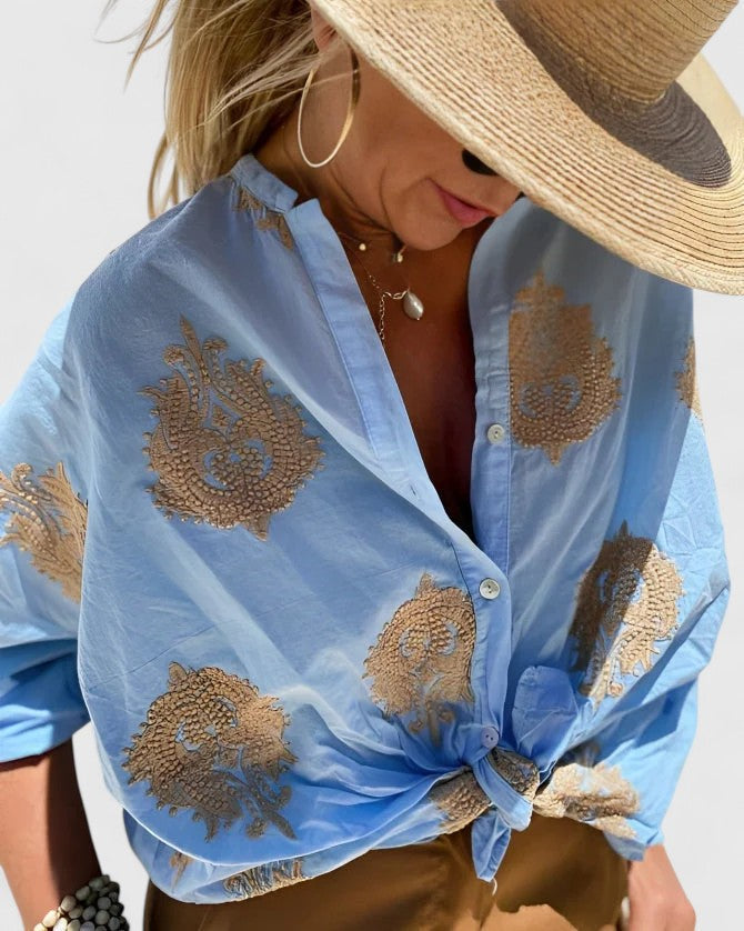Embroidered Blouse with Roll Up Sleeves and Button Front