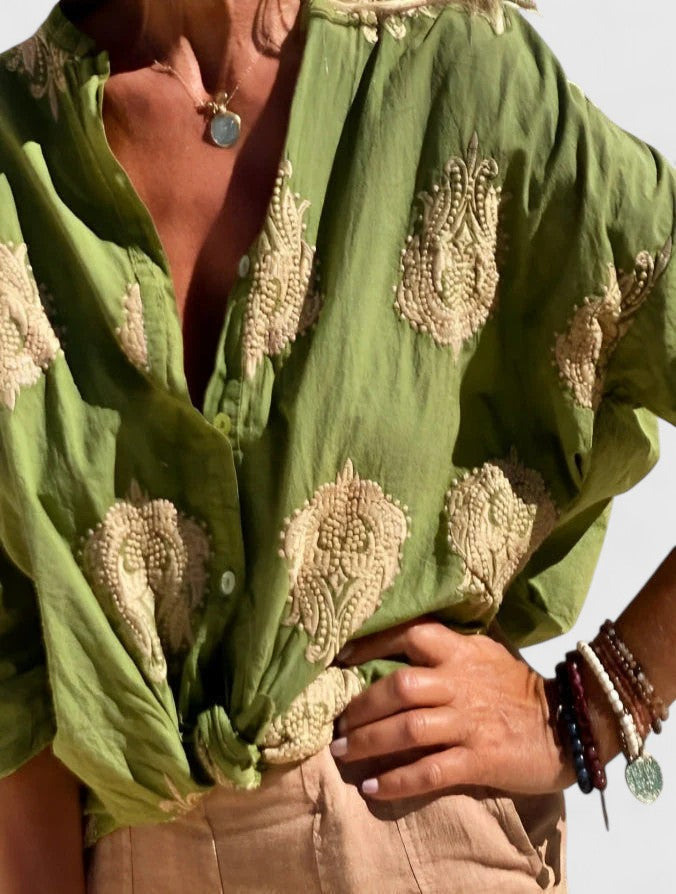 Embroidered Blouse with Roll Up Sleeves and Button Front
