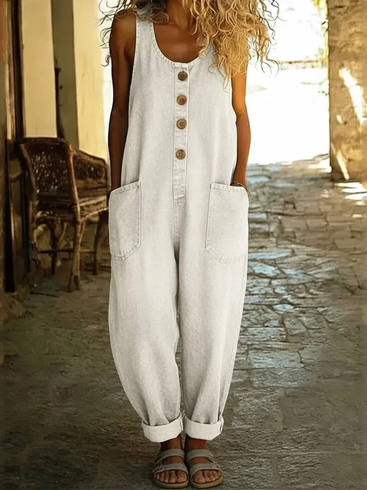 Washed Cotton Denim Overalls with Loose Wide Leg