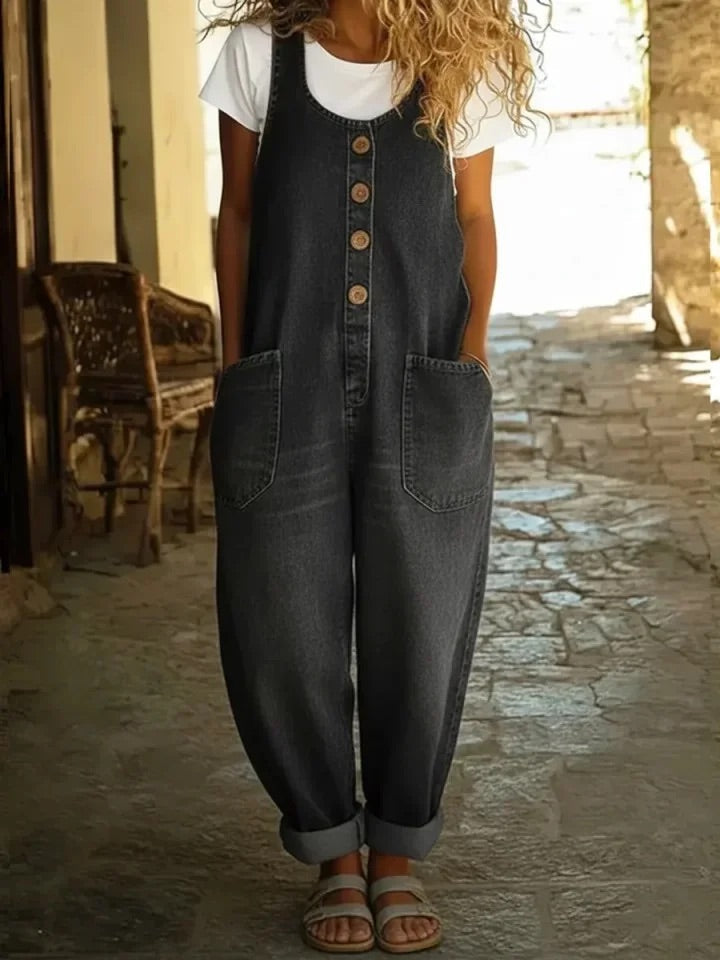 Washed Cotton Denim Overalls with Loose Wide Leg