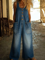 Washed Cotton Denim Overalls with Loose Wide Leg