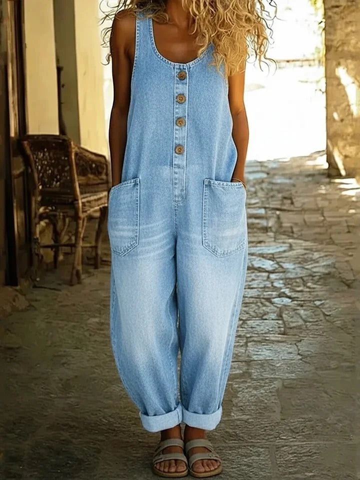 Washed Cotton Denim Overalls with Loose Wide Leg