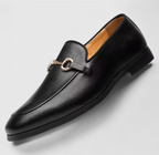 Men's Black Faux Leather Loafers with Decorative Buckle