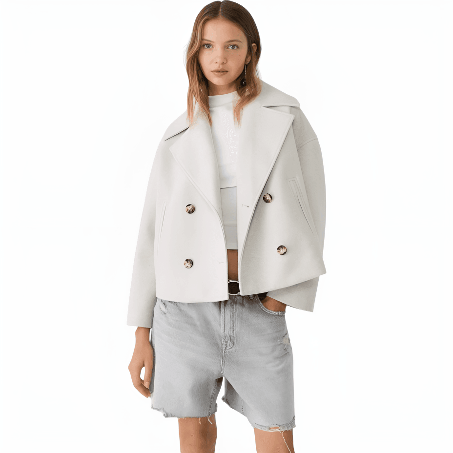 Cropped Trench Coat with Double Button Front and Notched Lapel