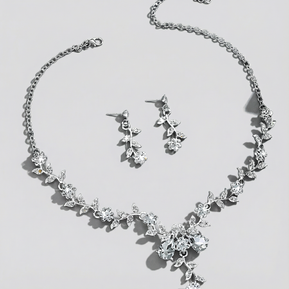 Crystal Necklace and Earring Set with Floral Detailing