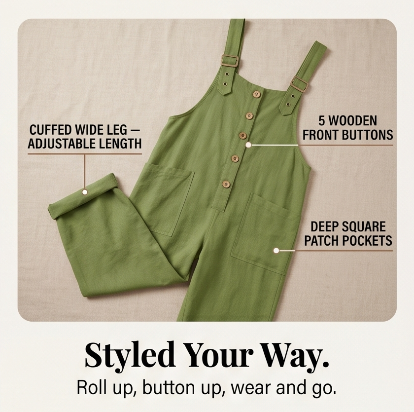 Linen Look Button Front Overalls with Buckle Straps