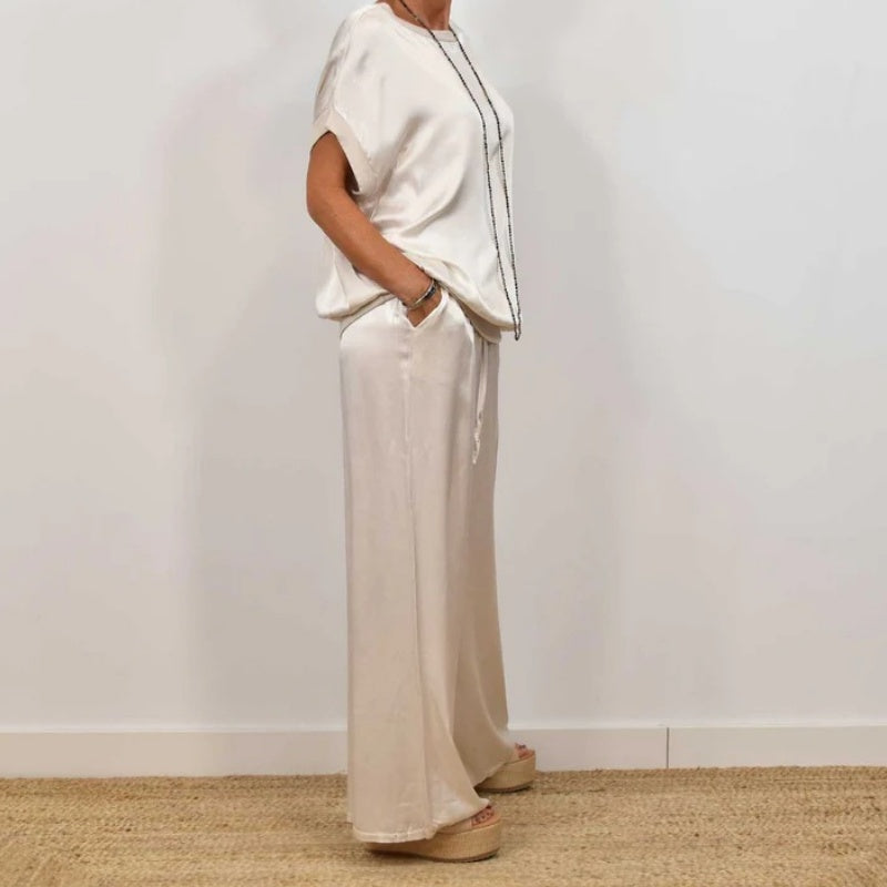 Satin Look Two Piece Set with Wide Leg Trousers