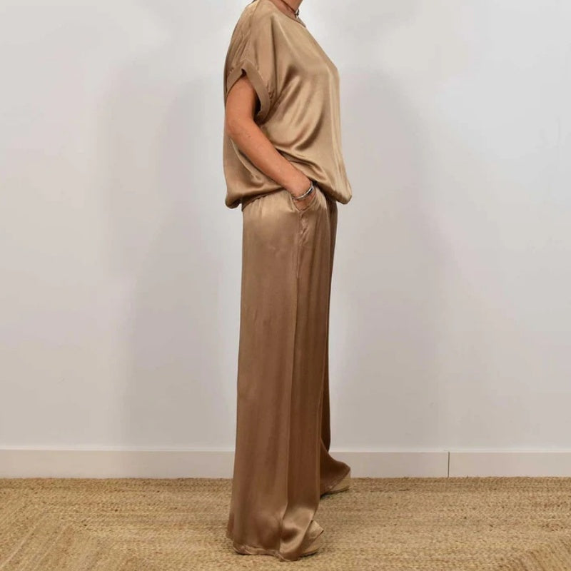 Satin Look Two Piece Set with Wide Leg Trousers