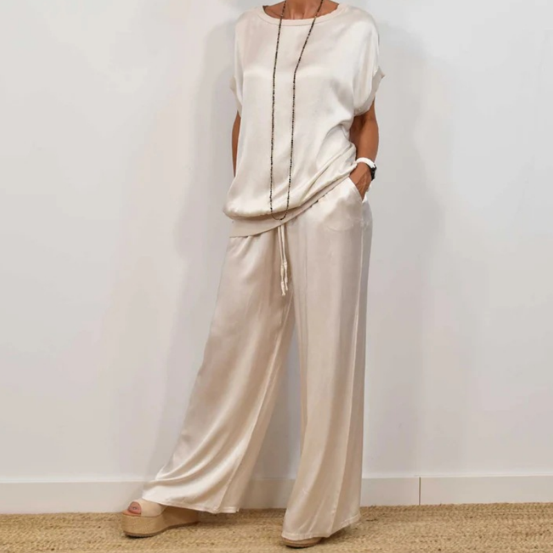 Satin Look Two Piece Set with Wide Leg Trousers