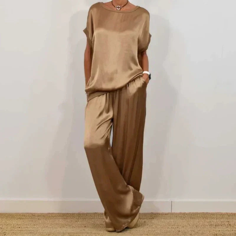 Satin Look Two Piece Set with Wide Leg Trousers