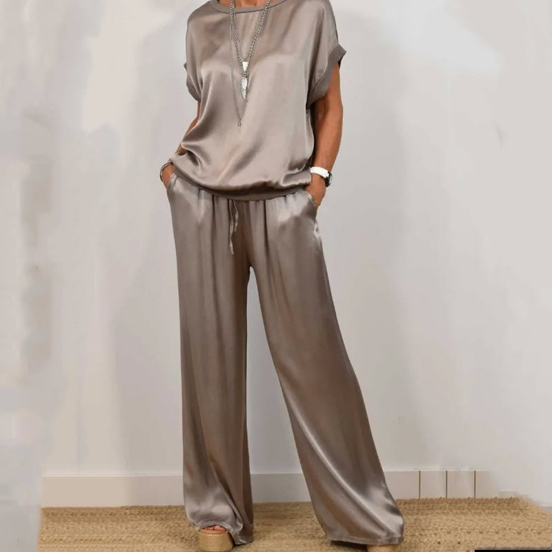 Satin Look Two Piece Set with Wide Leg Trousers