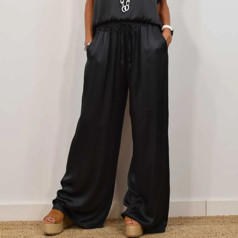 Satin Look Two Piece Set with Wide Leg Trousers