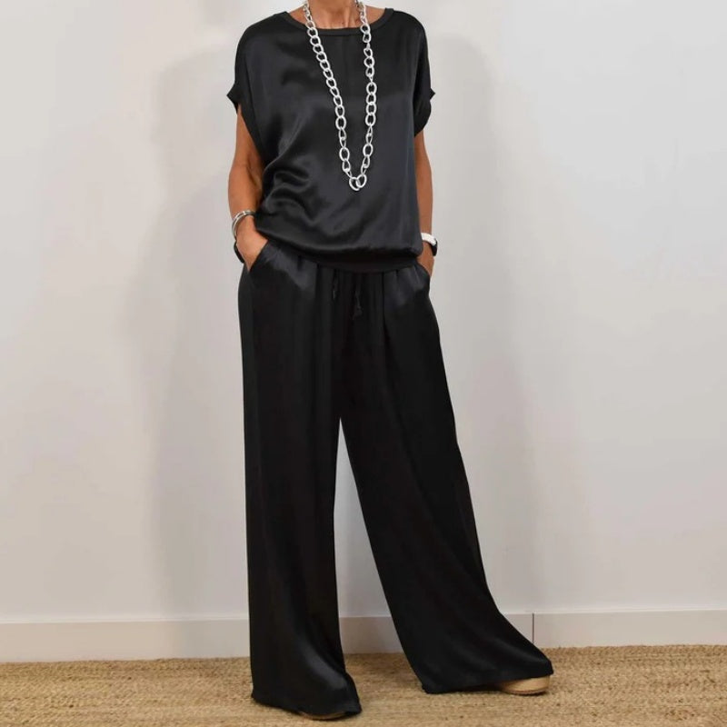Satin Look Two Piece Set with Wide Leg Trousers