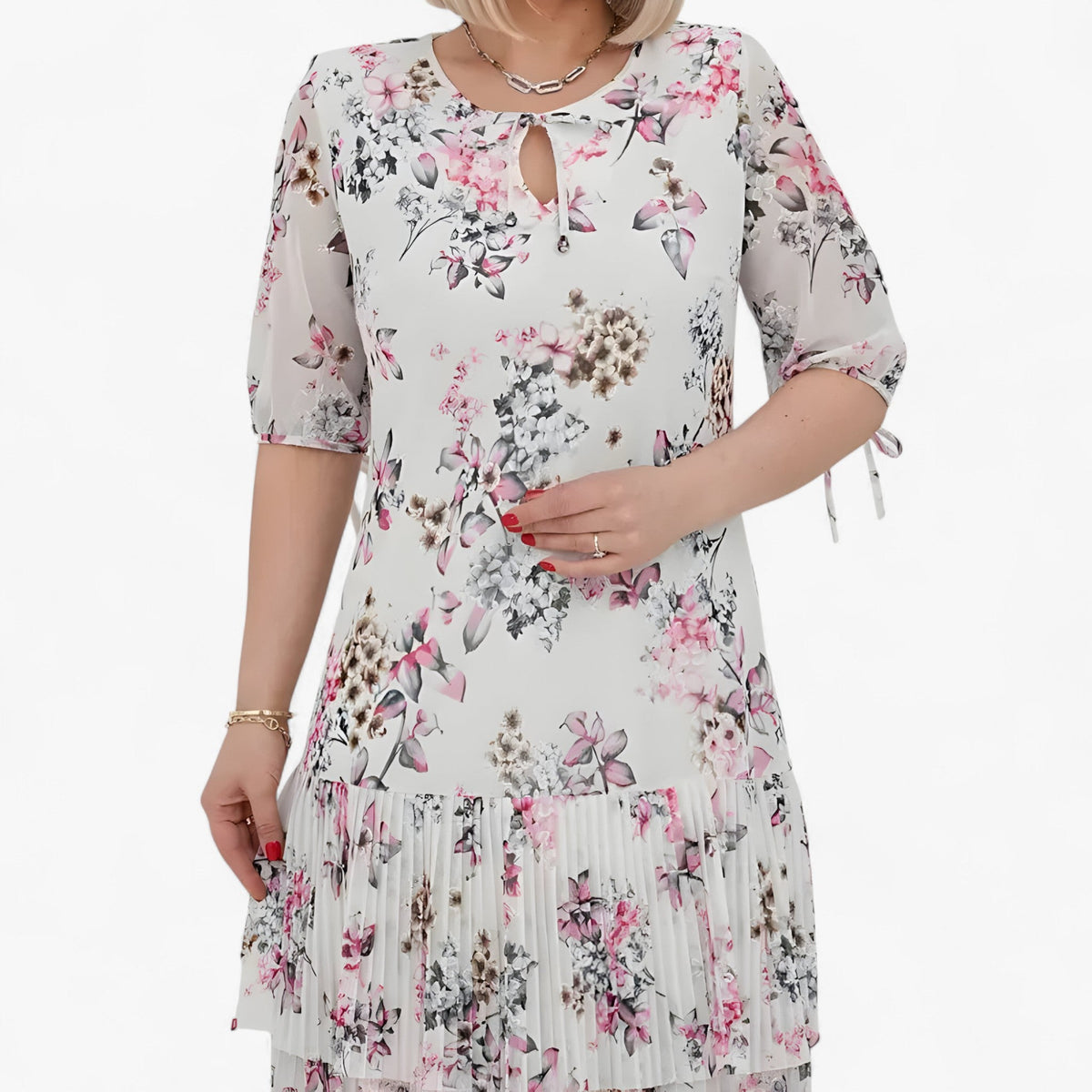 Pleated Print Maxi Dress with Two-Layer High Hem