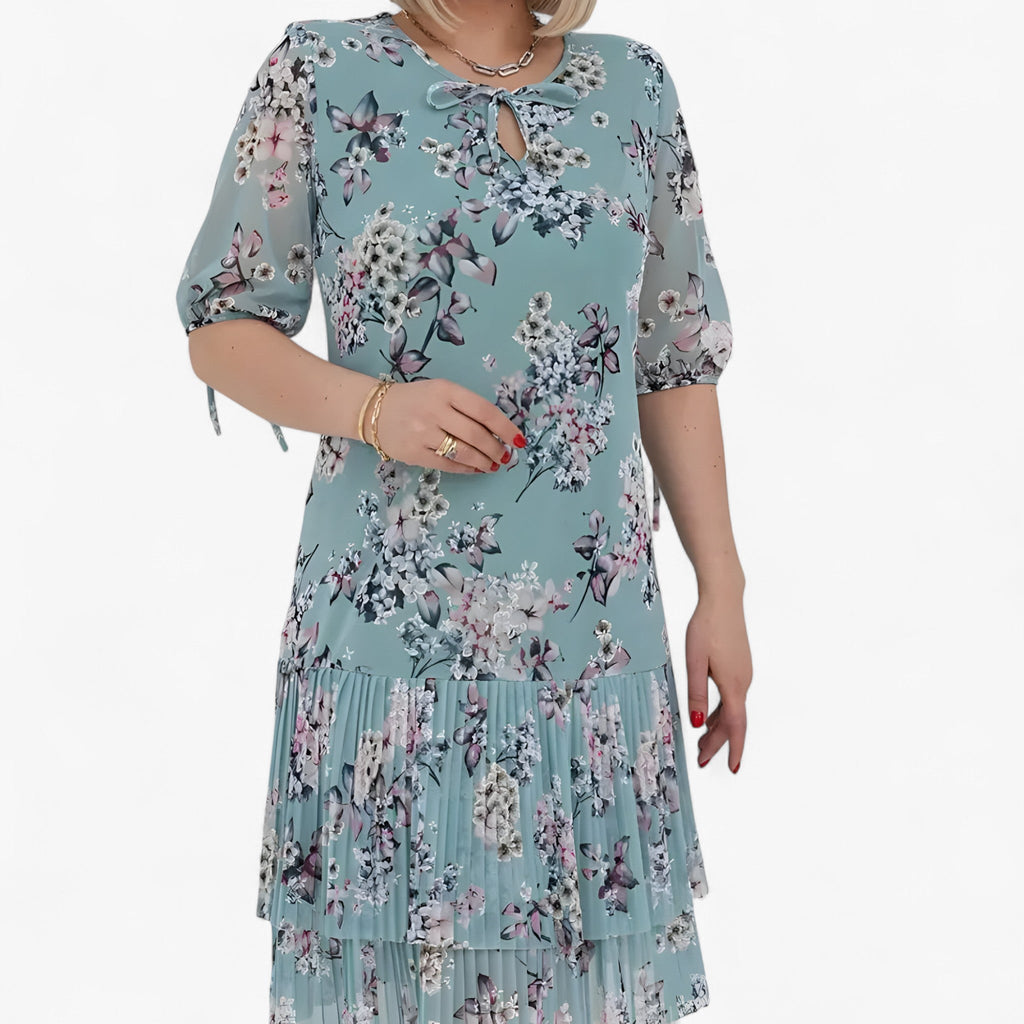 Pleated Print Maxi Dress with Two-Layer High Hem
