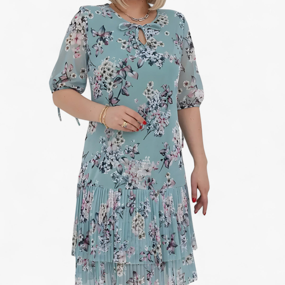 Pleated Print Maxi Dress with Two-Layer High Hem