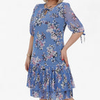 Pleated Print Maxi Dress with Two-Layer High Hem