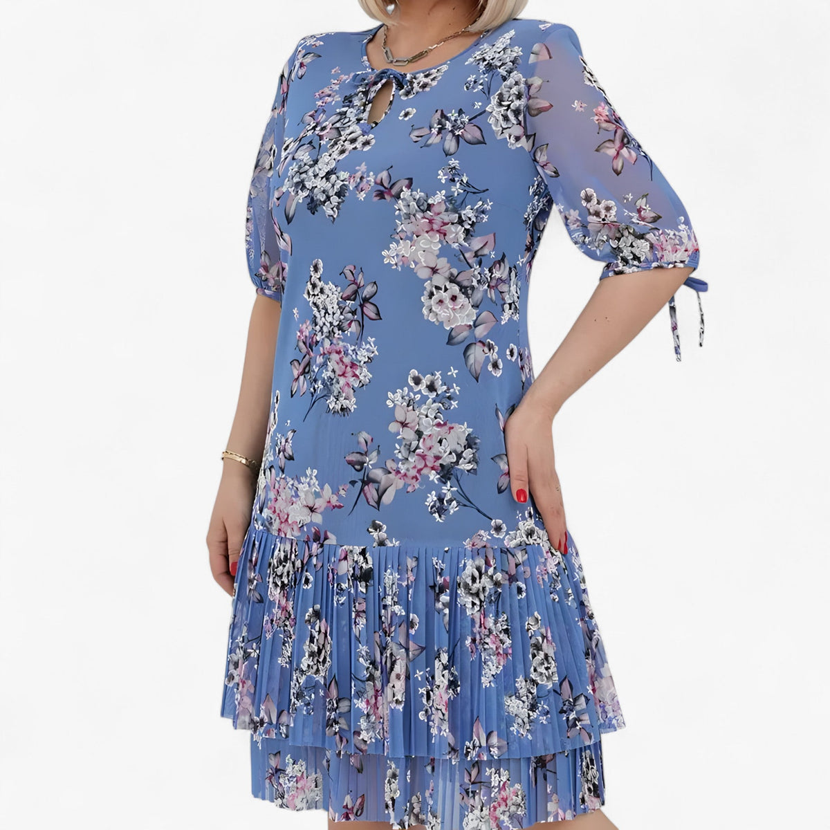 Pleated Print Maxi Dress with Two-Layer High Hem