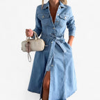 Button-Down Denim Dress with Adjustable Waist and Pockets