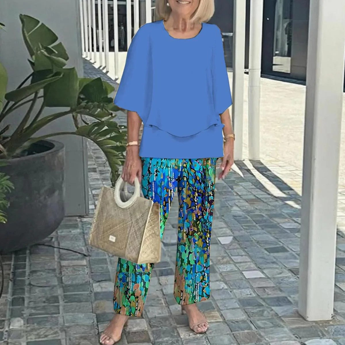 Printed Two Piece Set with Wide Leg Elasticated Trousers