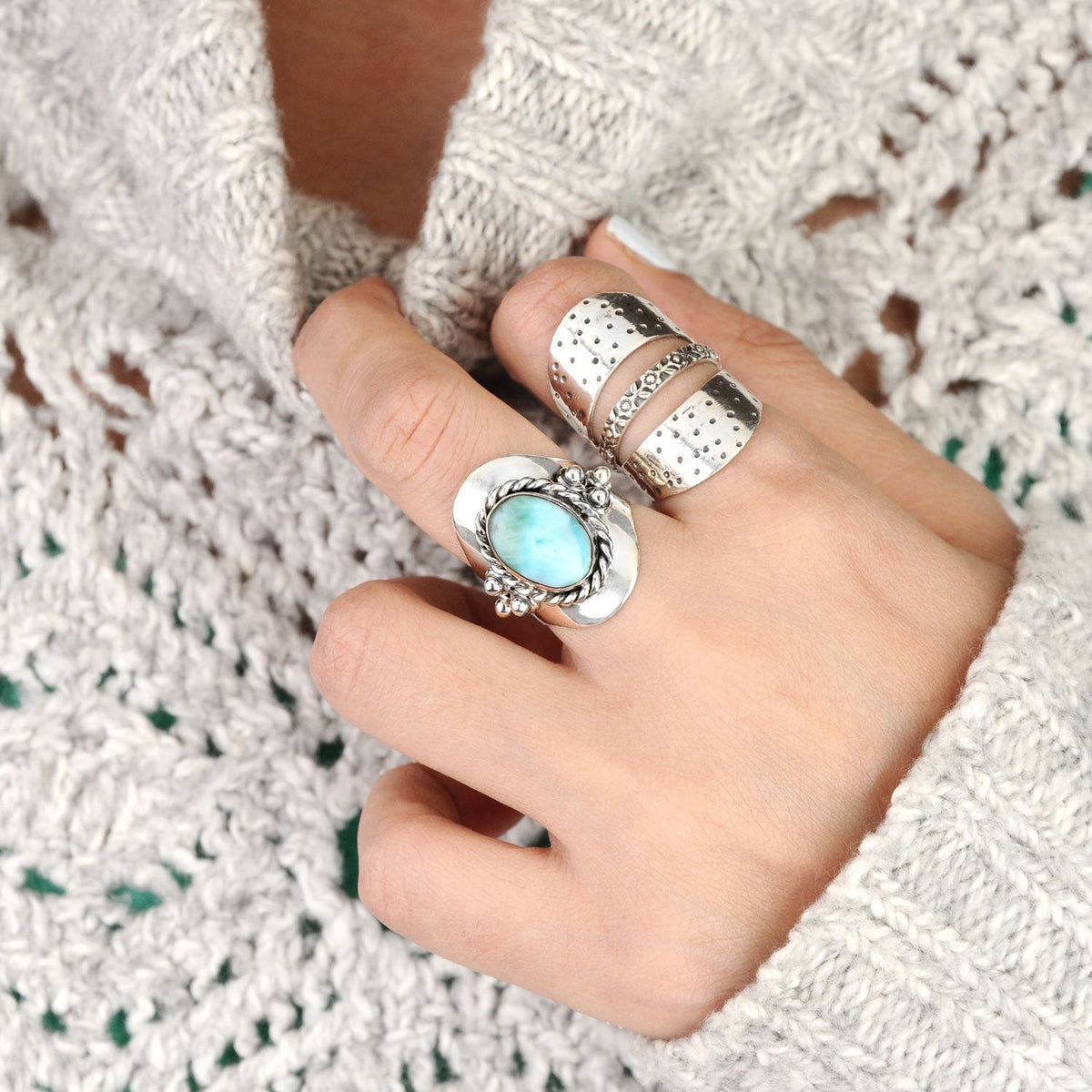 Oval Pale Blue Stone Boho Ring in Silver Colour with Relaxed Style