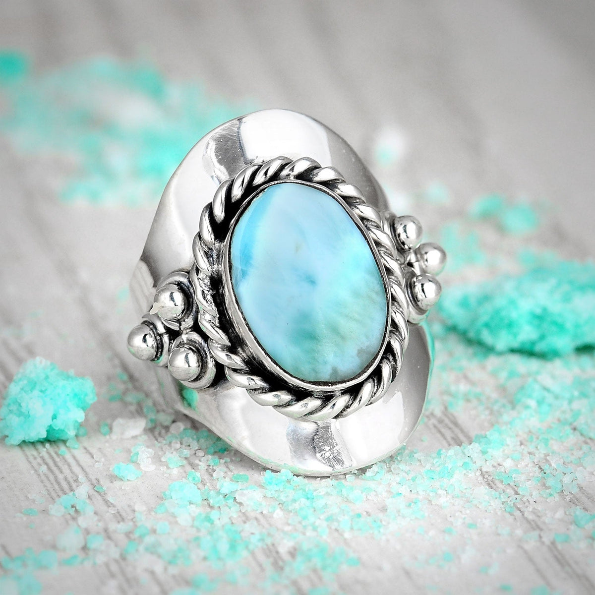 Oval Pale Blue Stone Boho Ring in Silver Colour with Relaxed Style