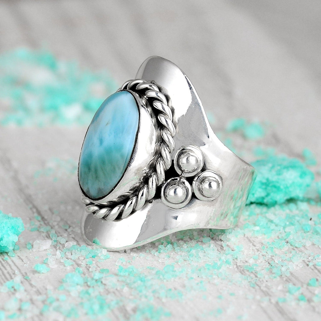 Oval Pale Blue Stone Boho Ring in Silver Colour with Relaxed Style