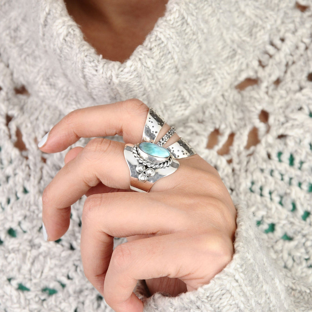 Oval Pale Blue Stone Boho Ring in Silver Colour with Relaxed Style