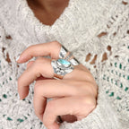 Oval Pale Blue Stone Boho Ring in Silver Colour with Relaxed Style