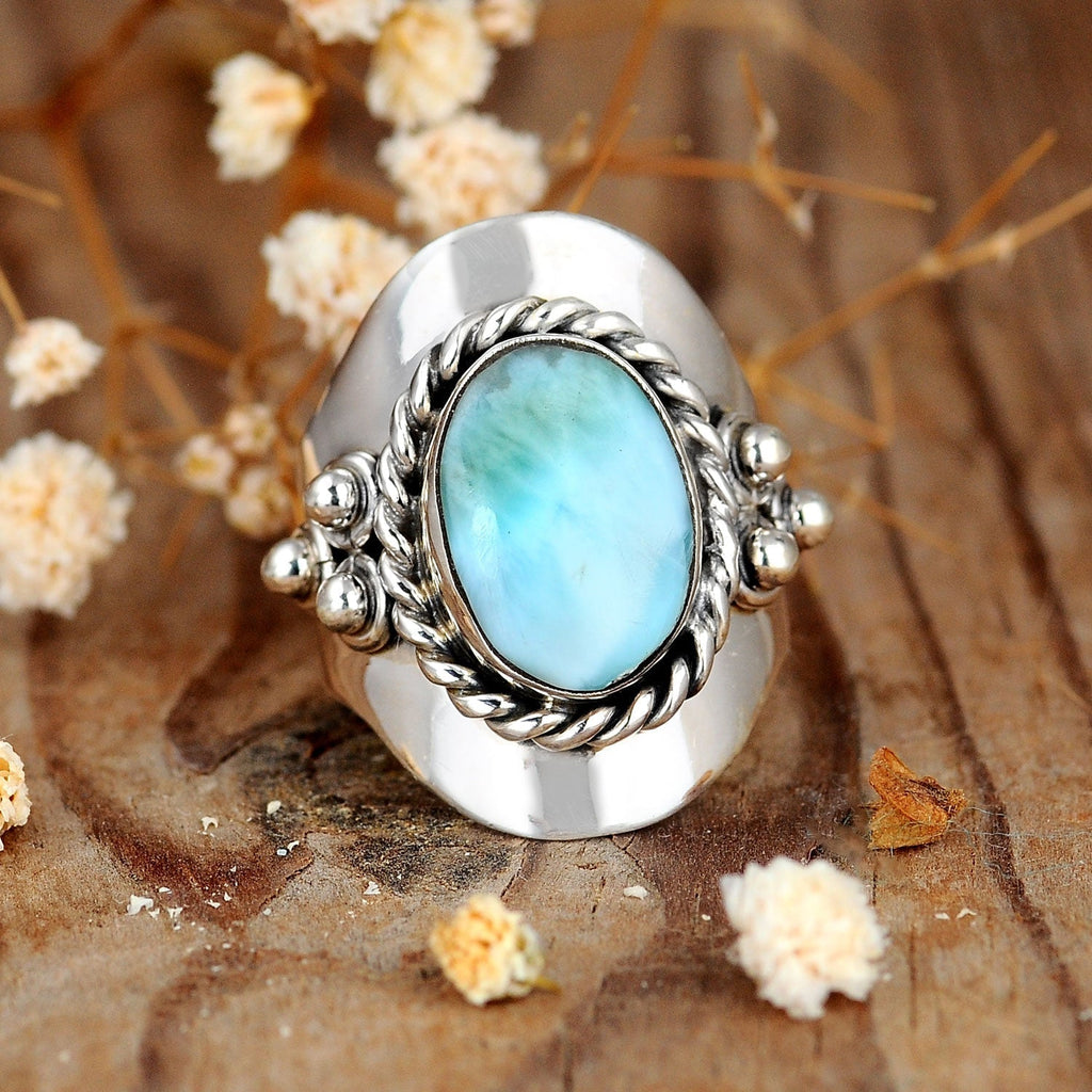 Oval Pale Blue Stone Boho Ring in Silver Colour with Relaxed Style