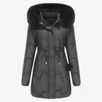 Hooded Padded Down Jacket with Thick Faux Fur Trim