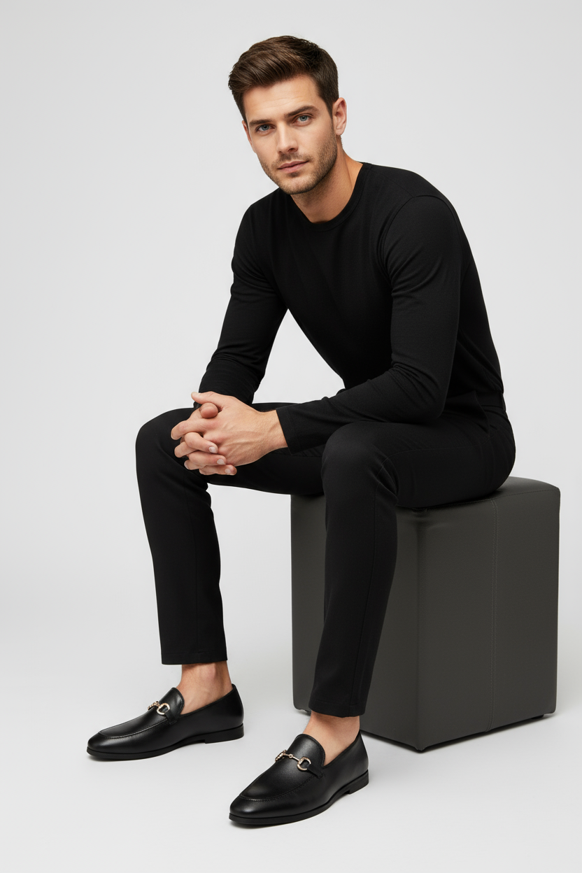 Men's Black Faux Leather Loafers with Decorative Buckle
