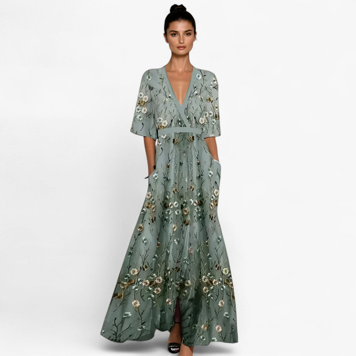 Long Floral Print Maxi Dress with Flowing Silhouette