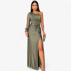 Asymmetric One-Shoulder Satin Dress with Front Knot