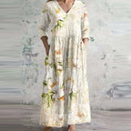 Boho Floral Midi Dress with V Neckline