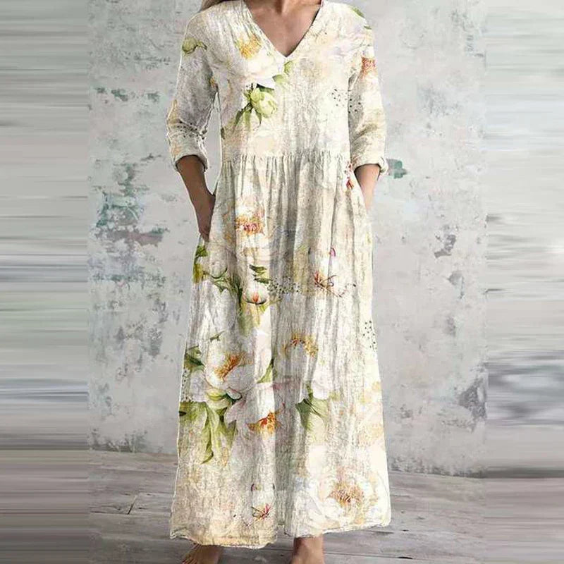 Boho Floral Midi Dress with V Neckline