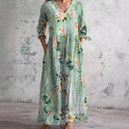 Boho Floral Midi Dress with V Neckline