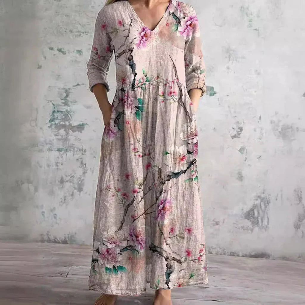 Boho Floral Midi Dress with V Neckline