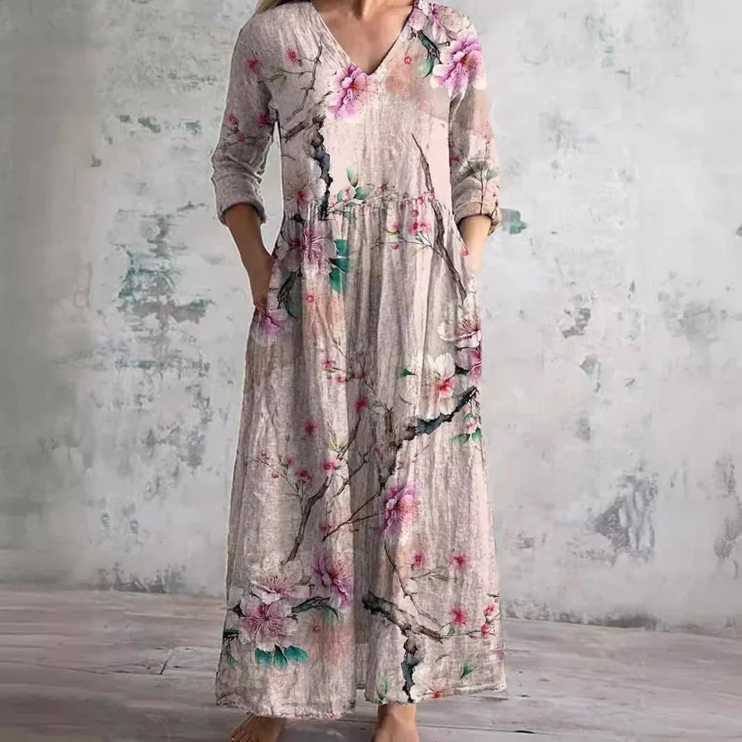 Boho Floral Midi Dress with V Neckline