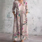 Boho Floral Midi Dress with V Neckline