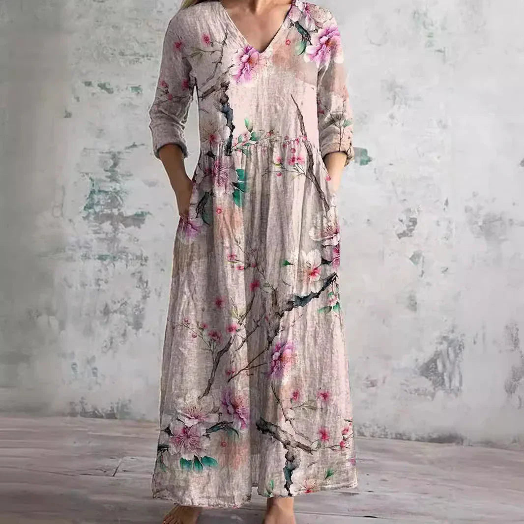 Boho Floral Midi Dress with V Neckline