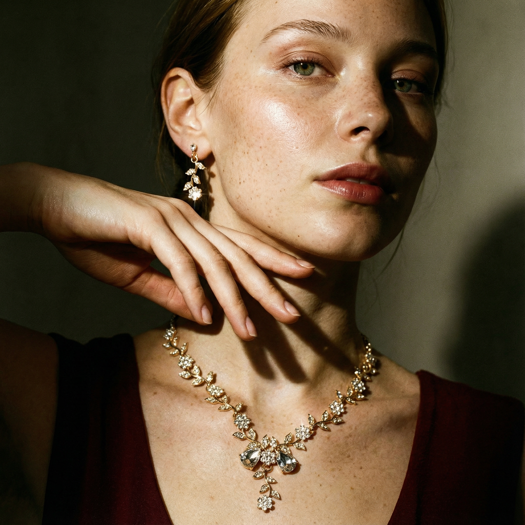 Halsband- och örhängesset i kristall med blommiga detaljer
