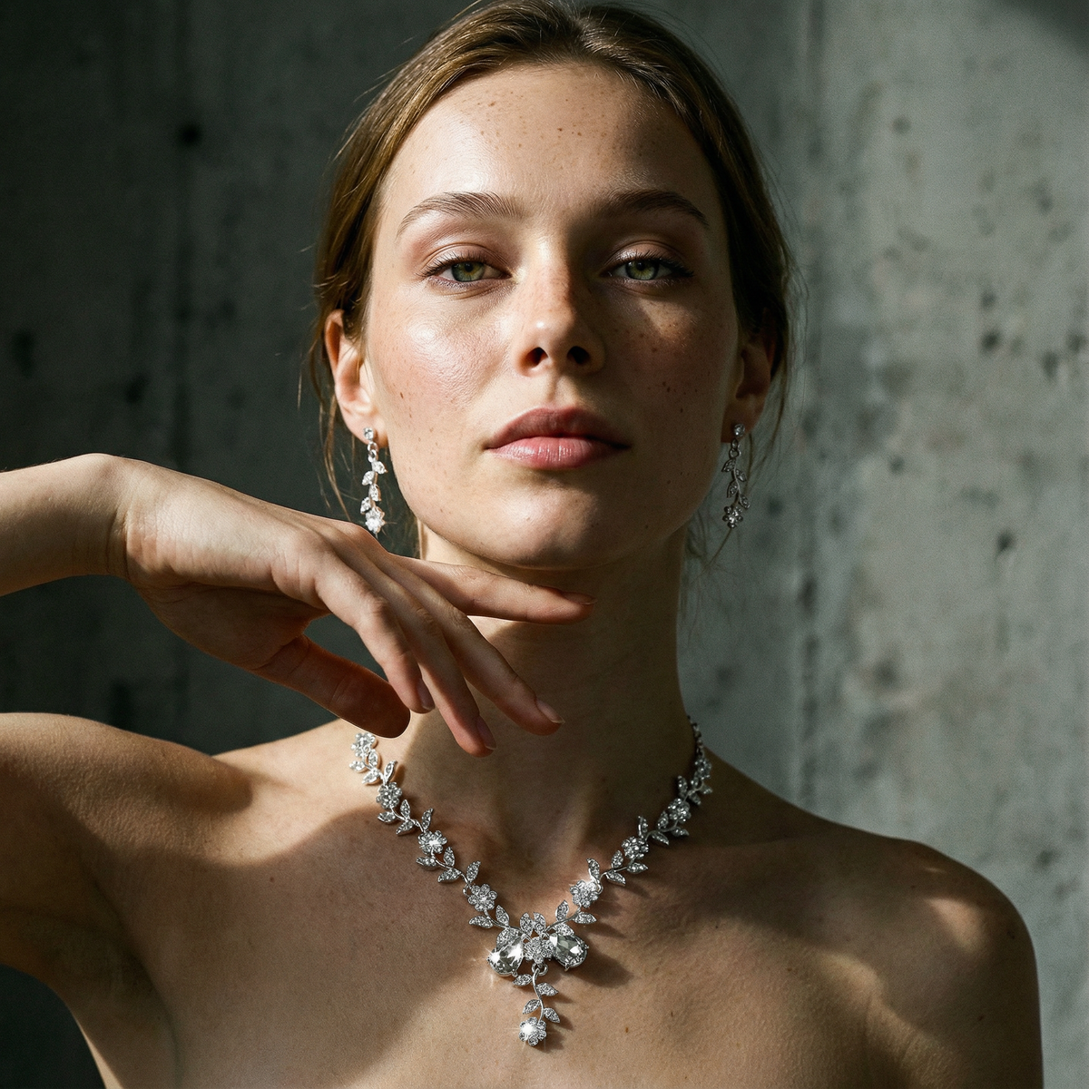 Crystal Necklace and Earring Set with Floral Detailing
