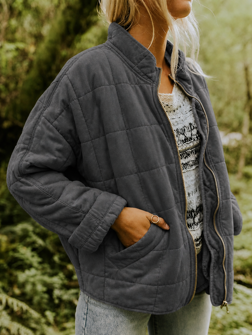 Quilted Jacket with Zip Front and Stand Collar