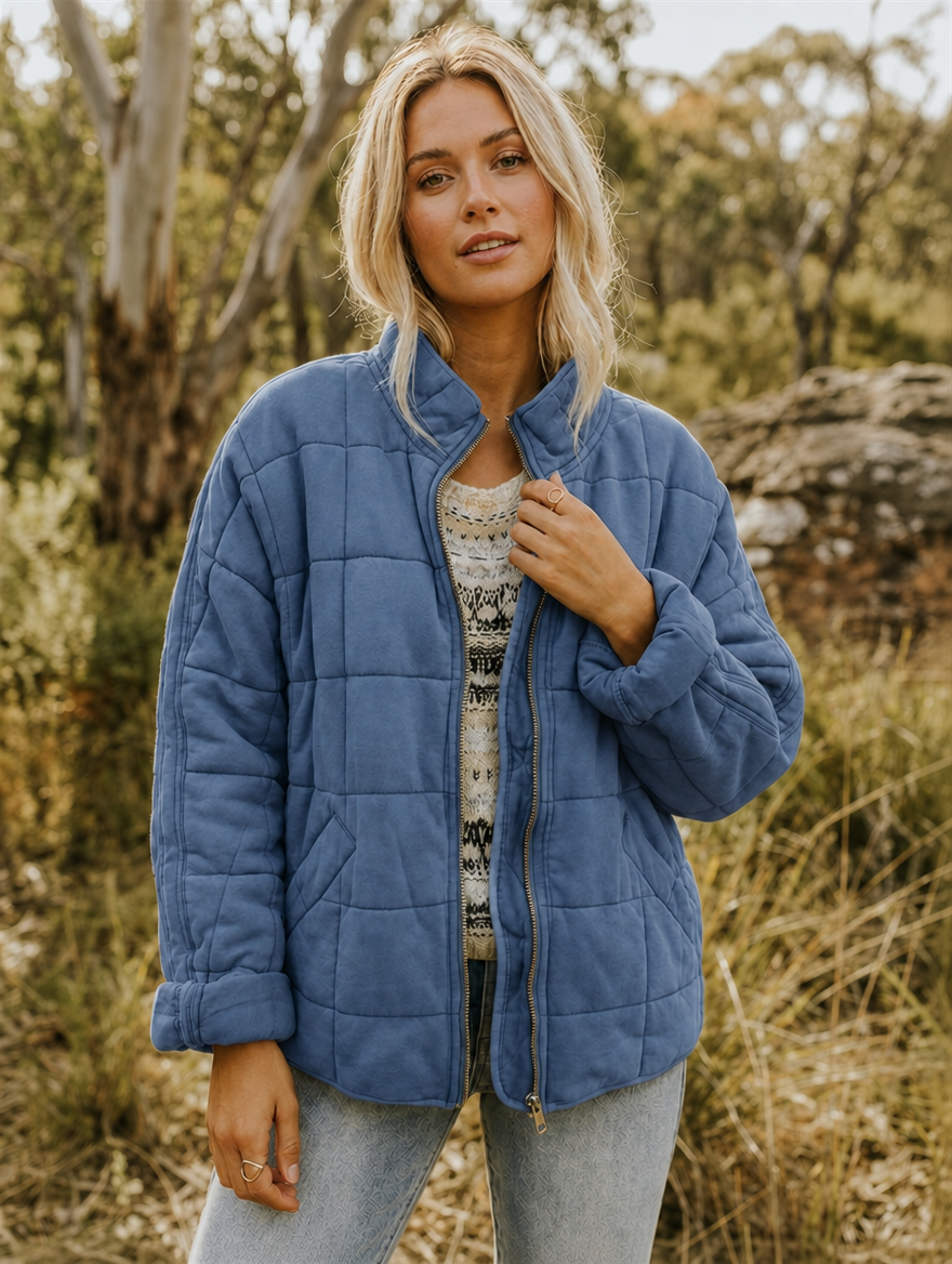 Quilted Jacket with Zip Front and Stand Collar